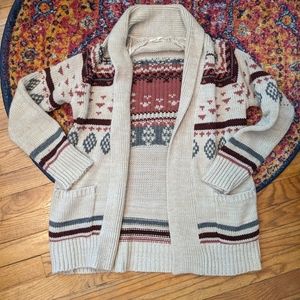 Pink Republic Beige Fair Isle Cardigan with Burgundy and Gray Accents